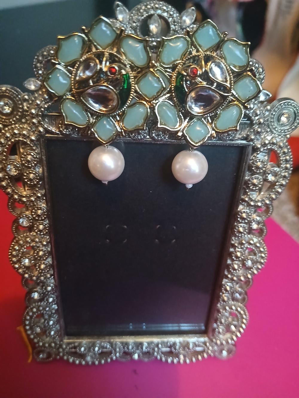 Pearl Drop Earrings with Mint Green Accent